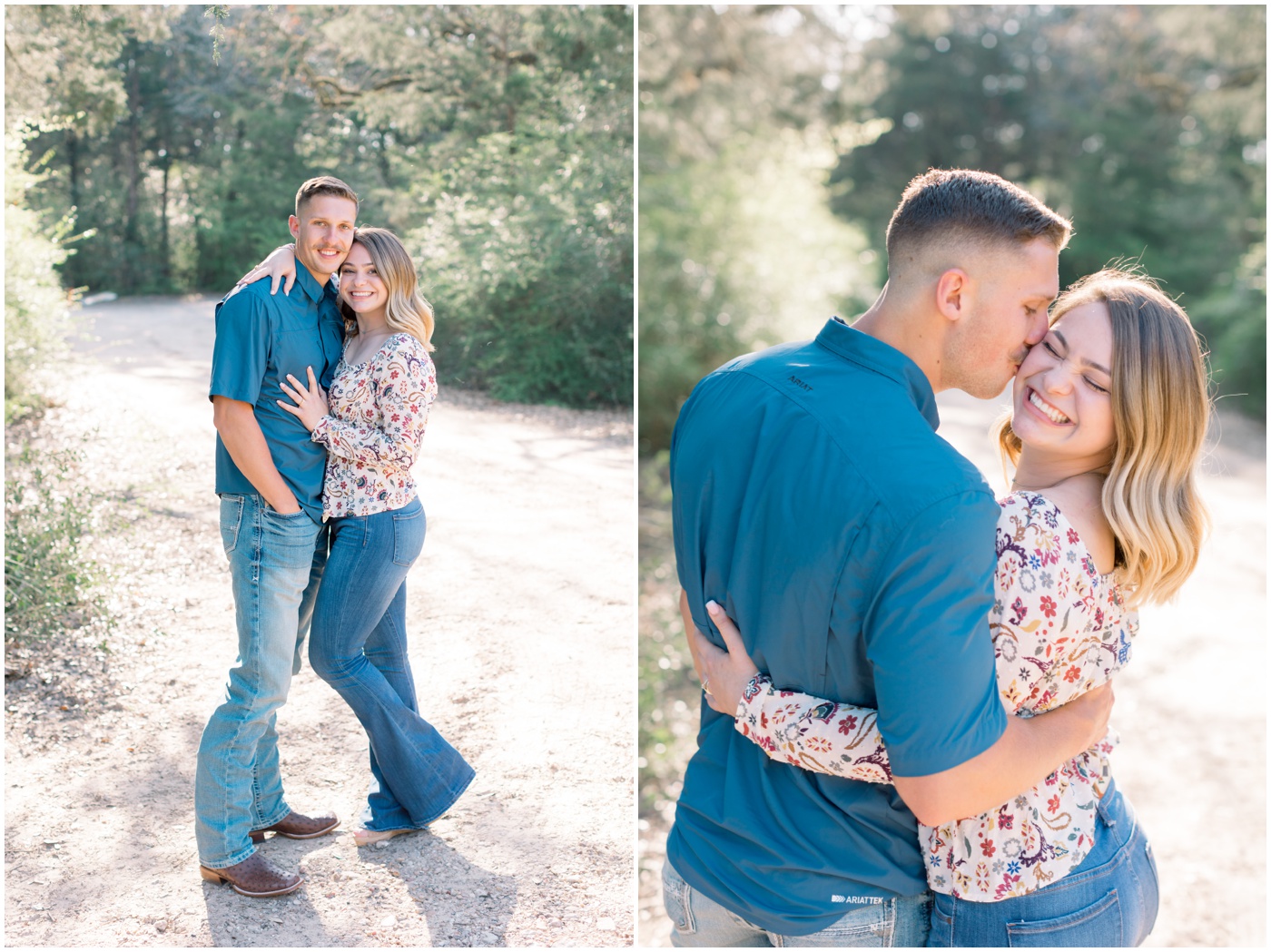 college station engagement | a couple poses together as the boy kisses the girls cheek 