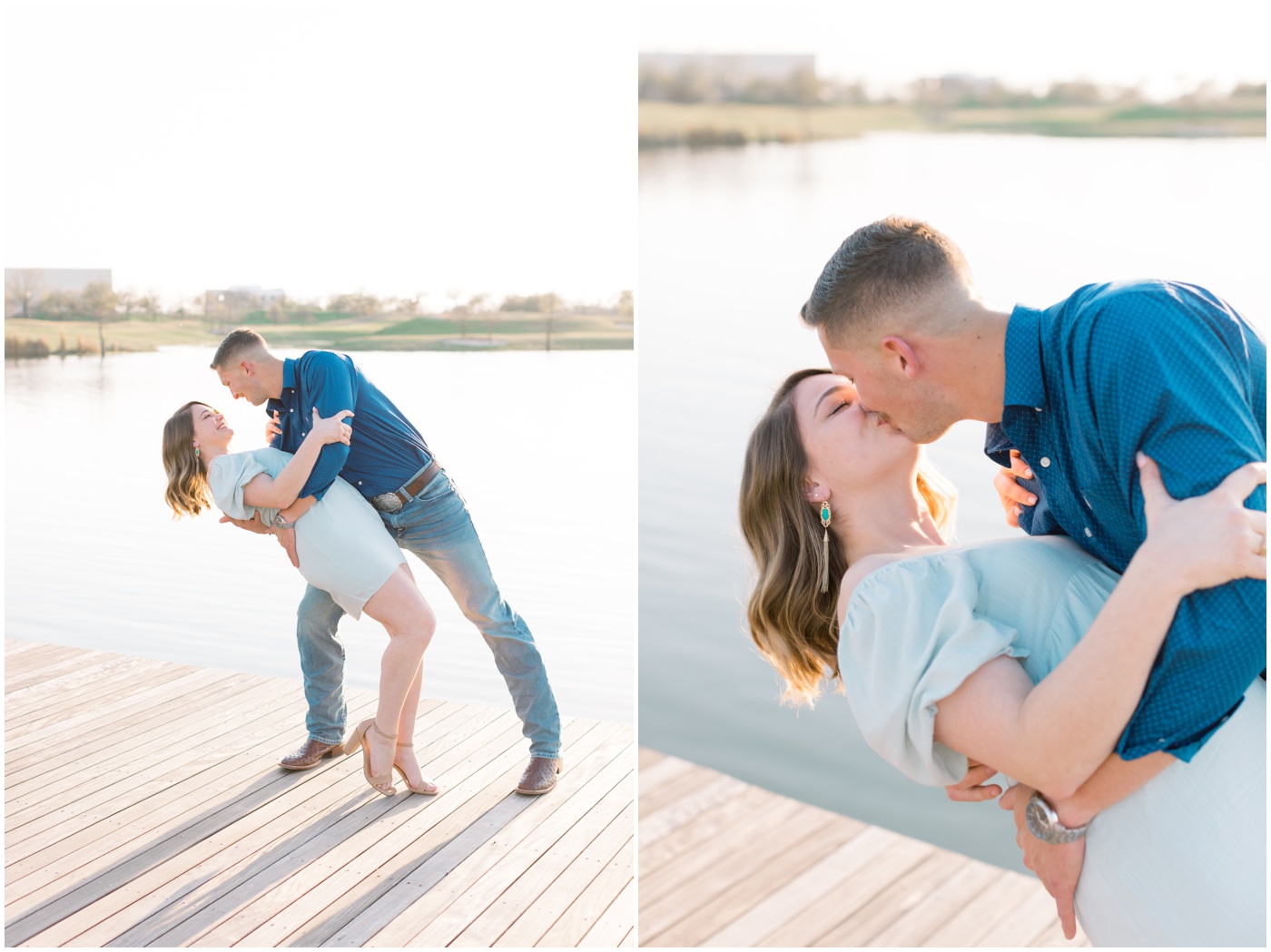 a couple dips and kisses on the dock at sunset during their college station engagement session