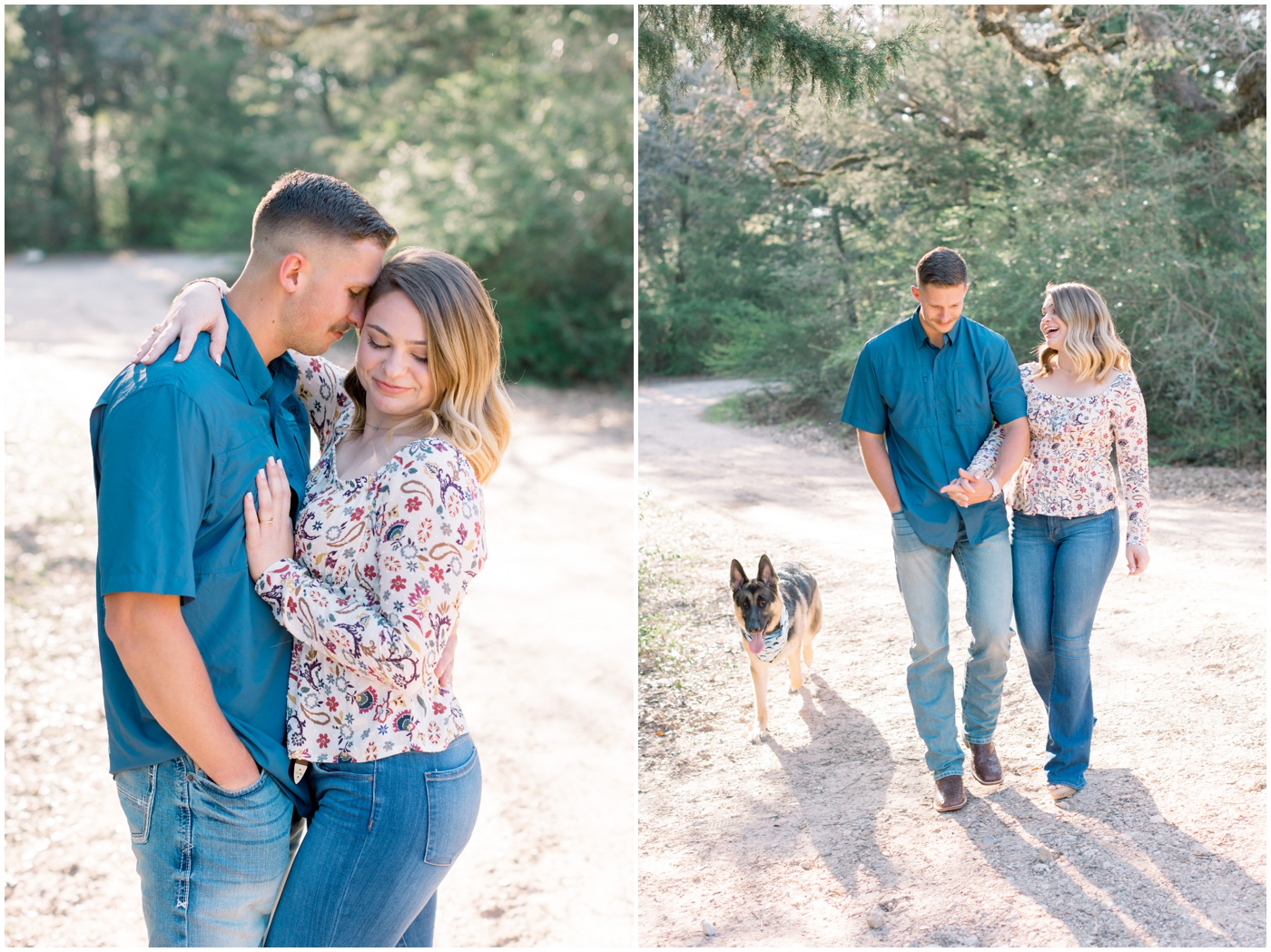 a couple walks down the dirt road with their dog in their college station engagement session