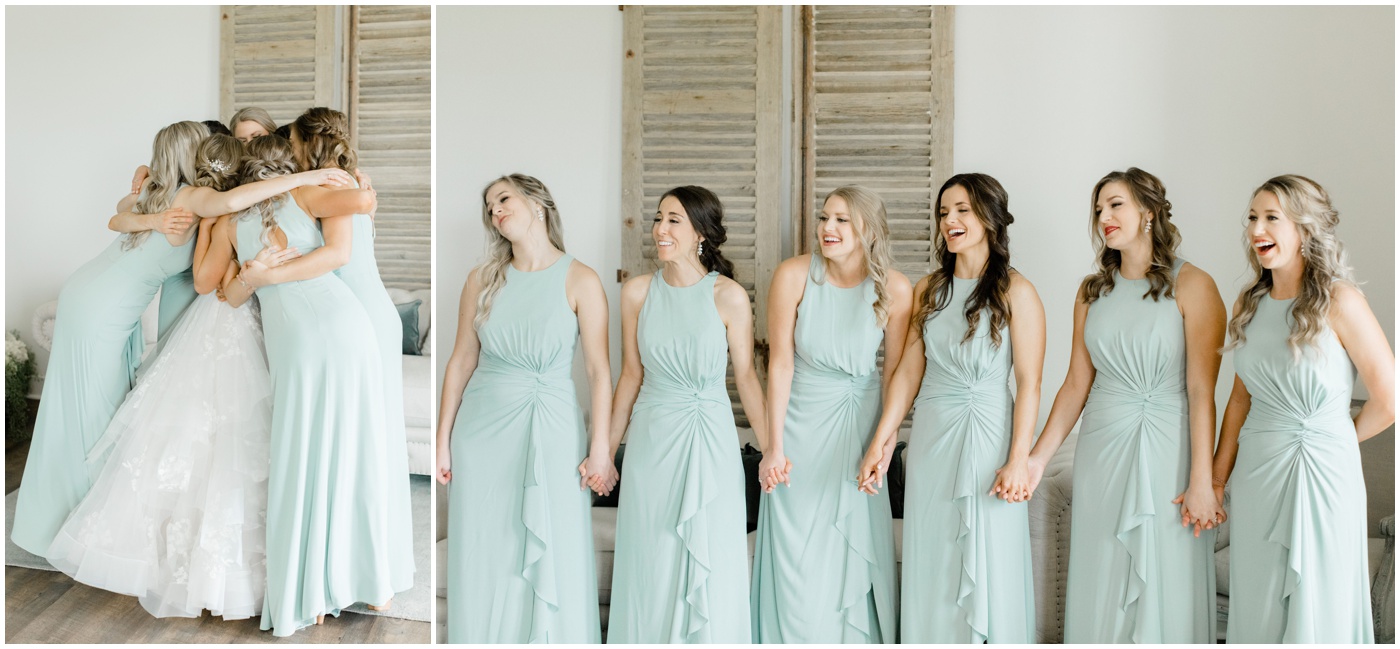 bridesmaids smiling as they see the bride on her wedding day 