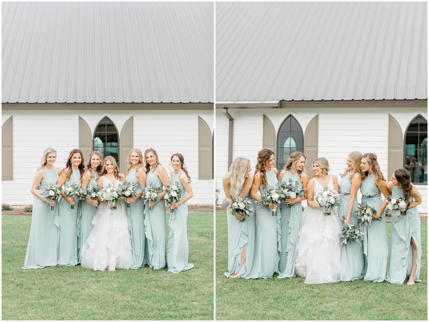 a bride is smiling with her bridesmaids