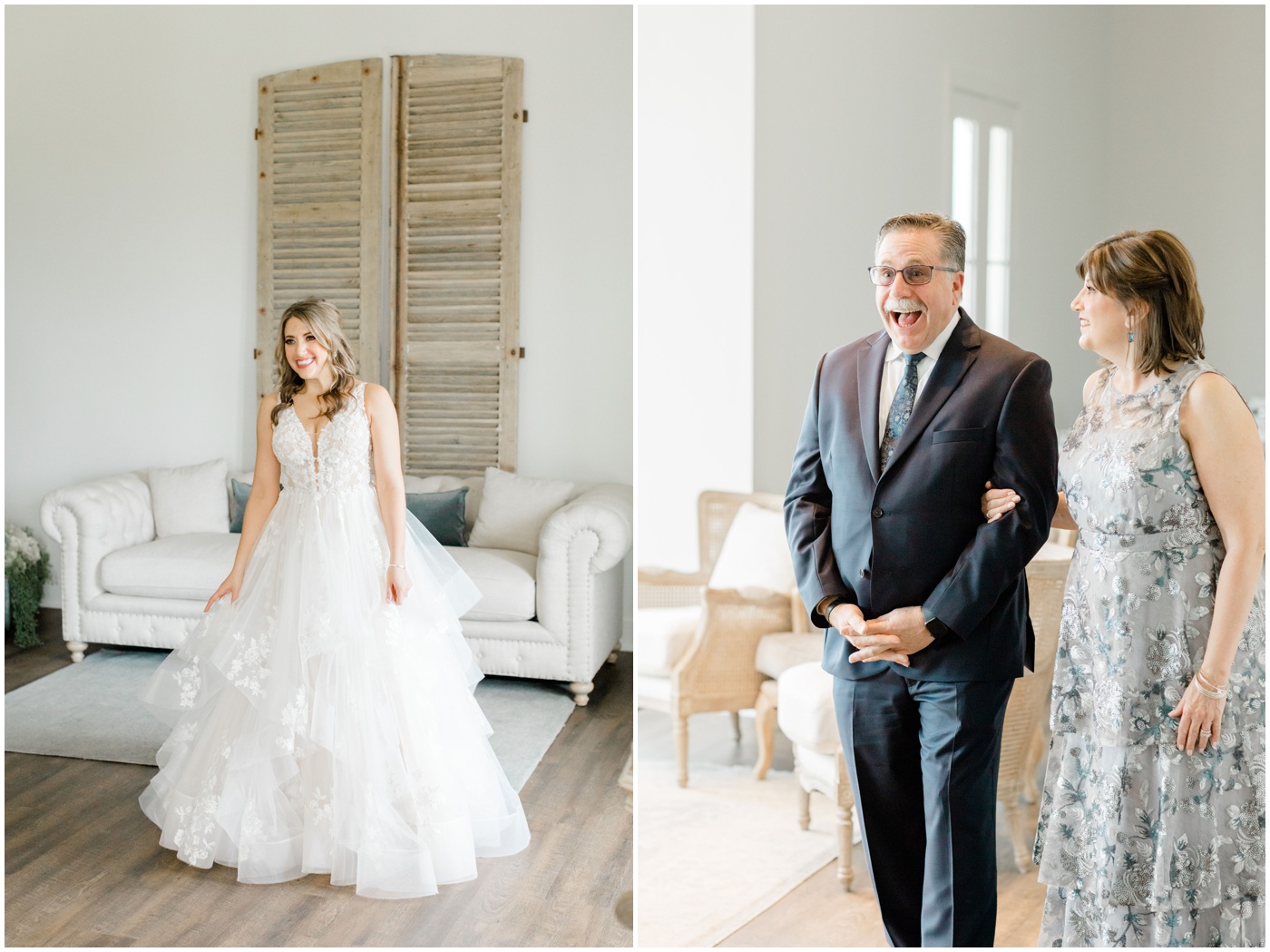 father of the bride is smiling as he sees his daughter for the first time on her wedding day 