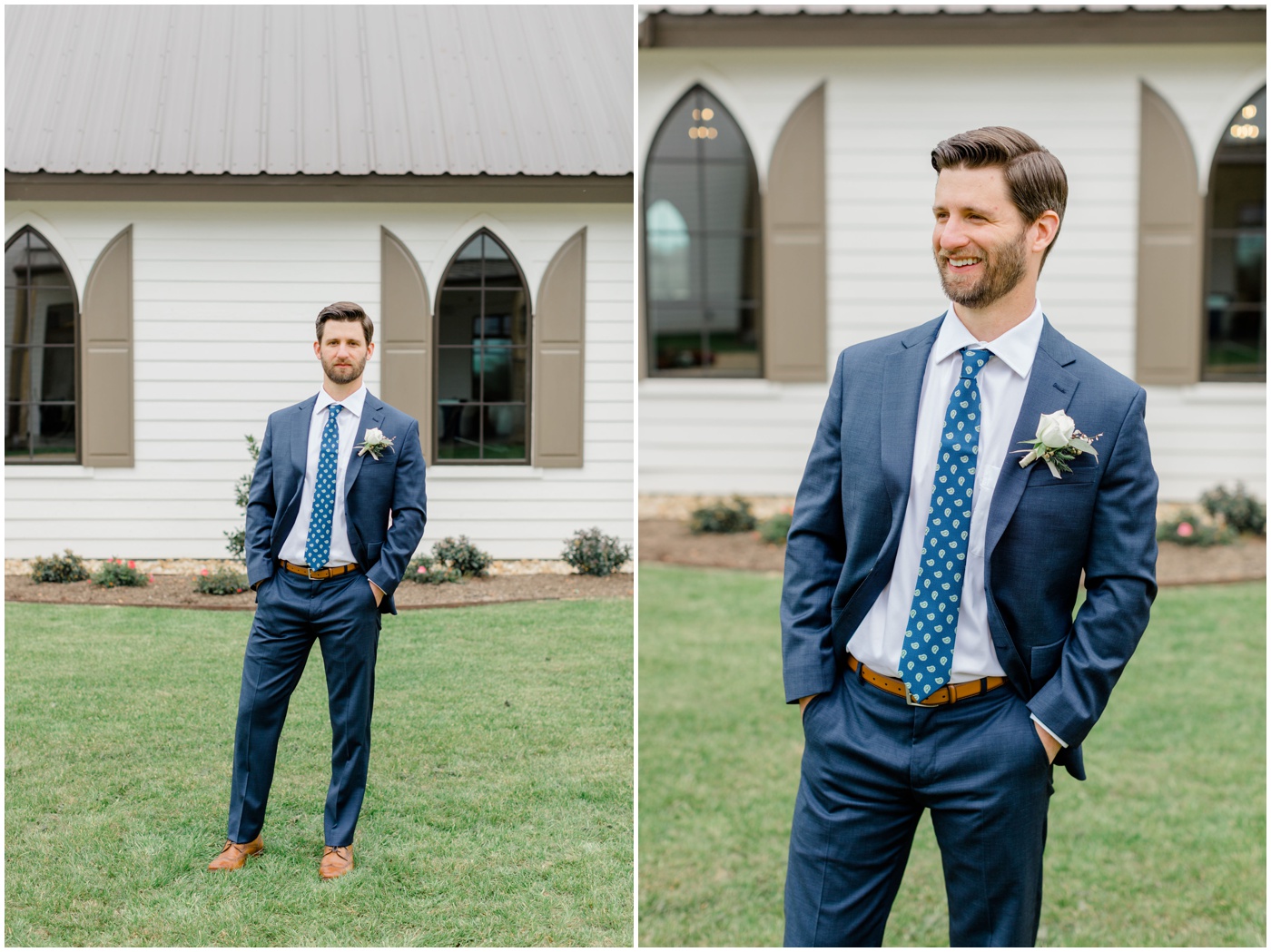 a groom is smiling at wedding in Texas 