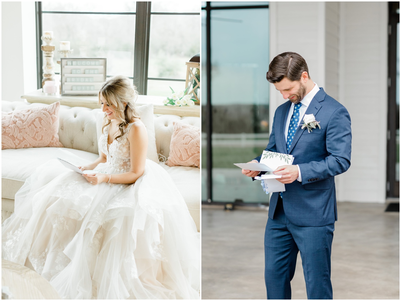 a bride and groom read letters they gave to one another