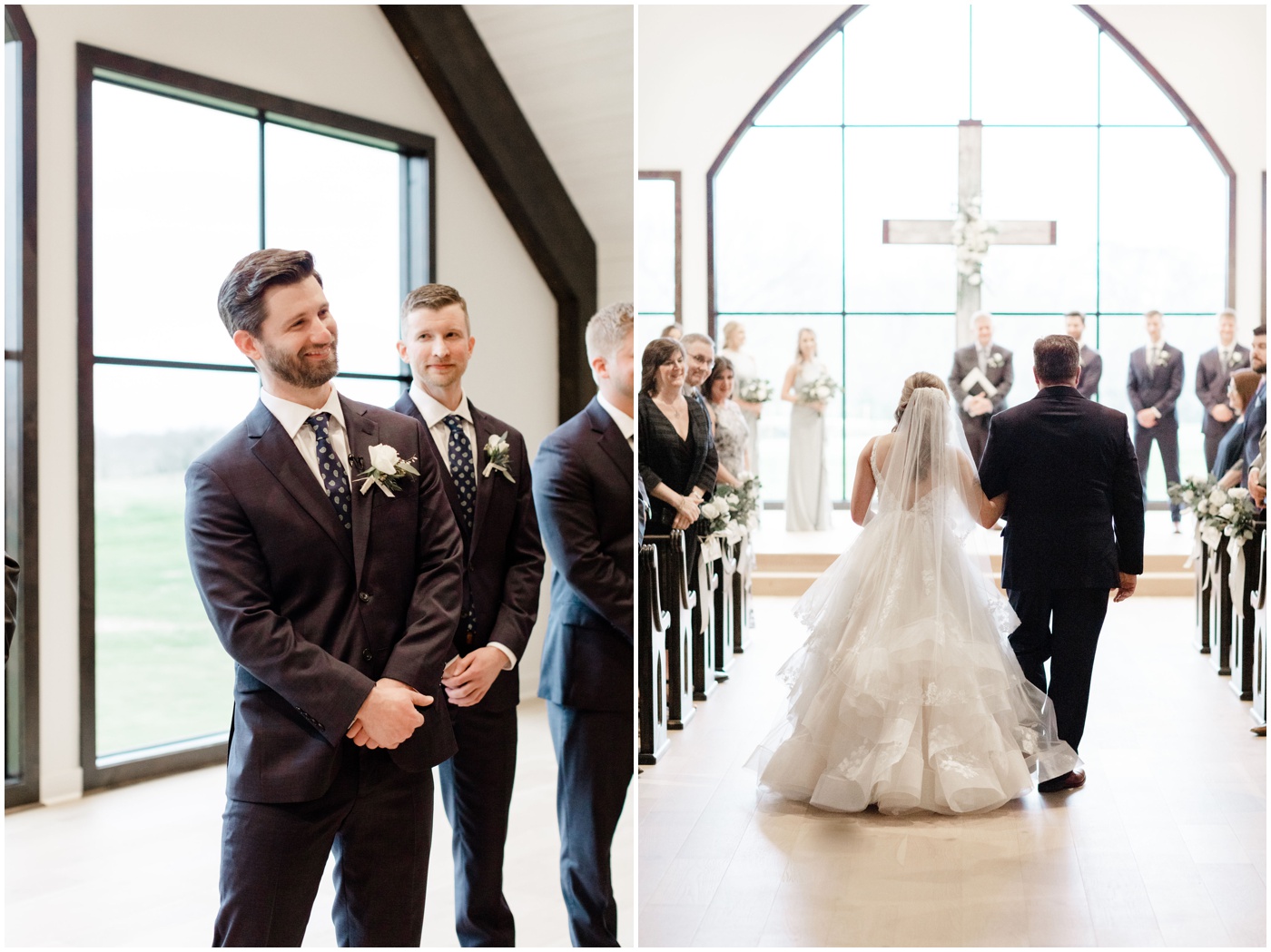a groom is smiling as he sees his bride walking down the aisle