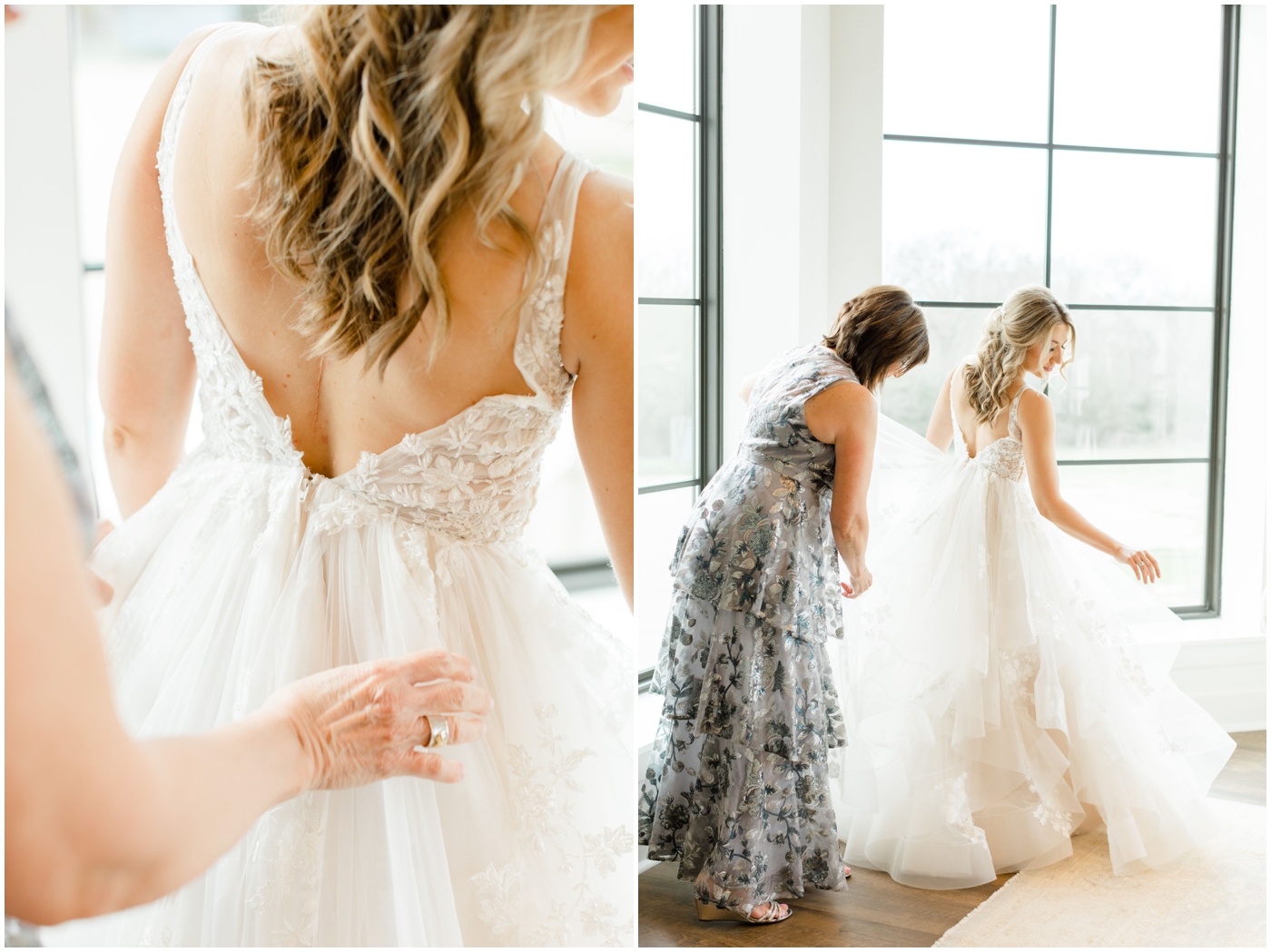 bride getting her dress on at her Texas wedding