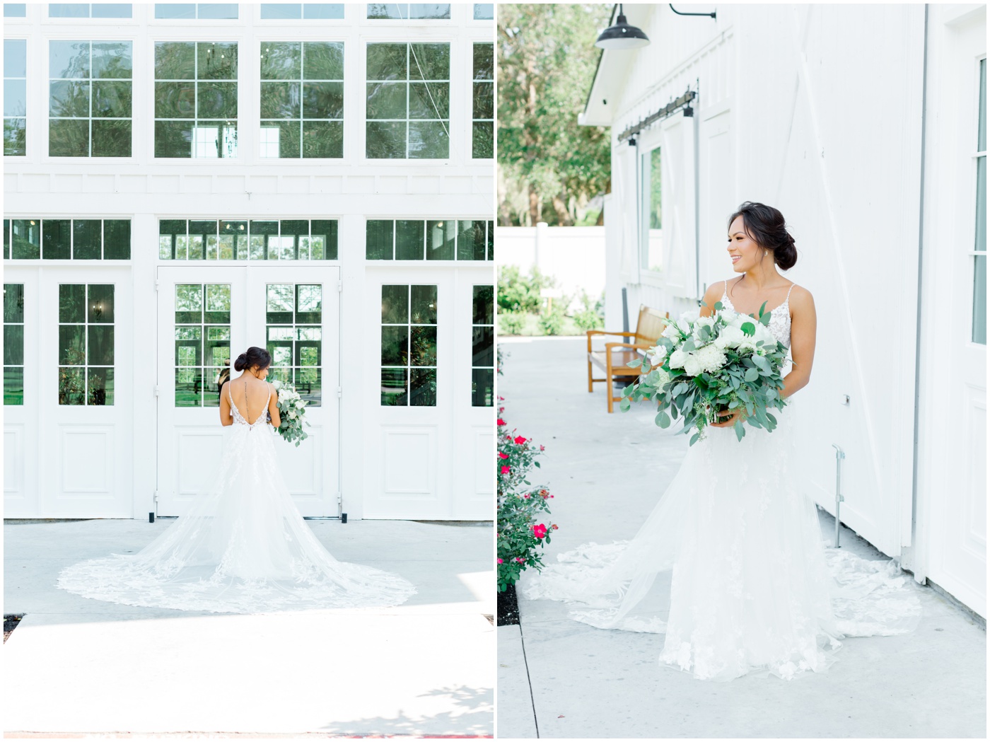 wedding photographer in Houston captures a bride smiling with her bouquet