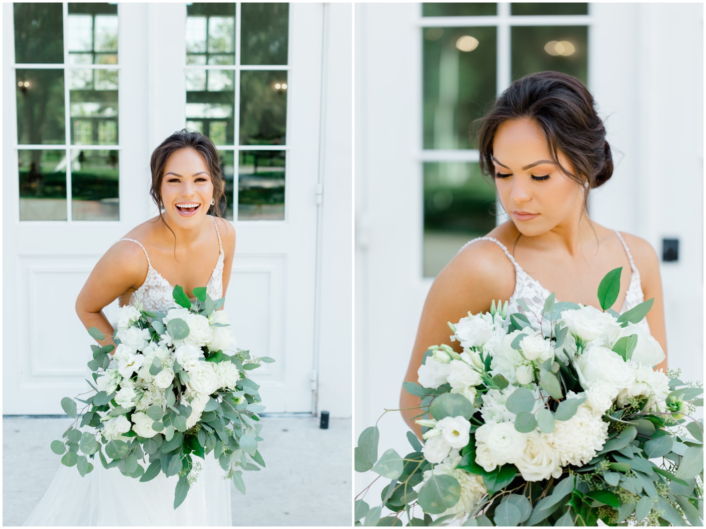 a bride is laughing with her bouquet