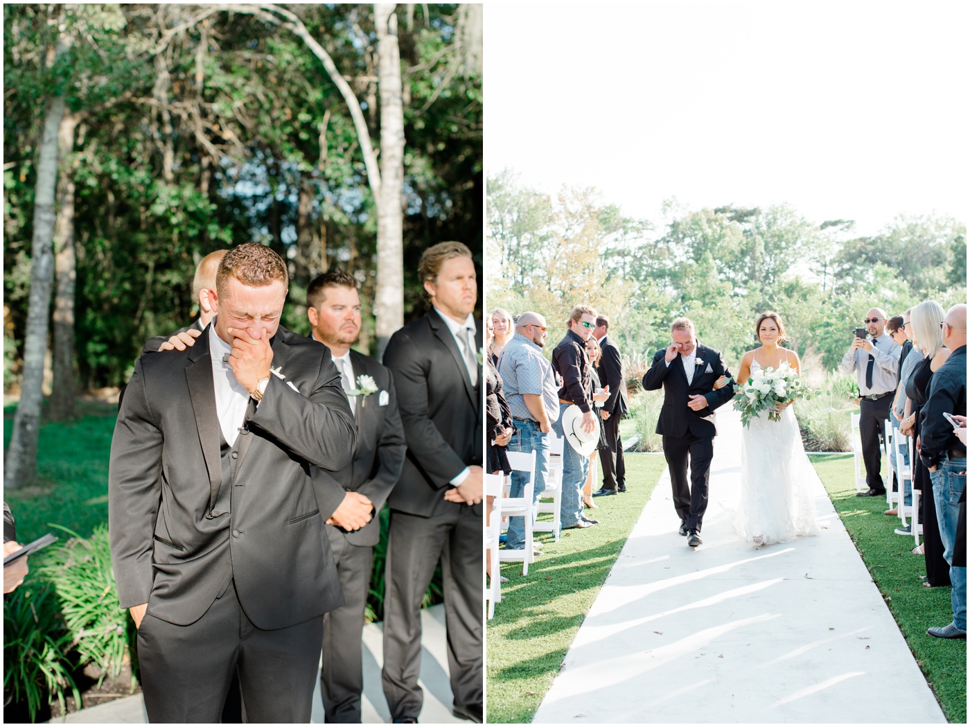 wedding photographer in Houston captures captures the groom and father of the bride crying as bride walks down the aisle