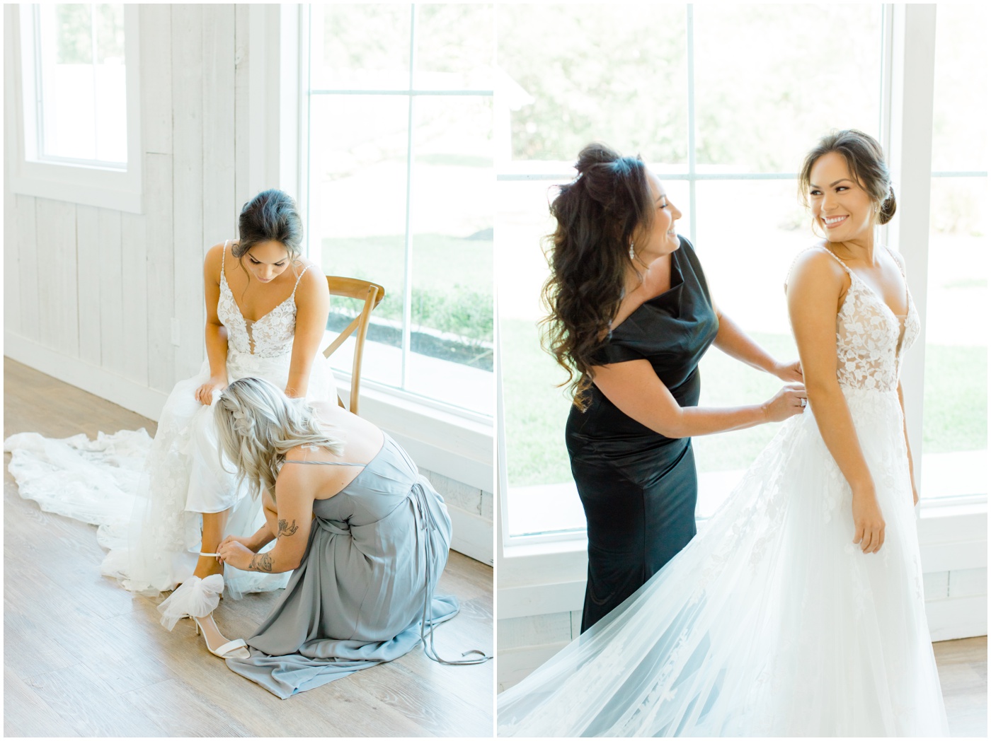 bride's mom and maid of honor help the bride get ready 