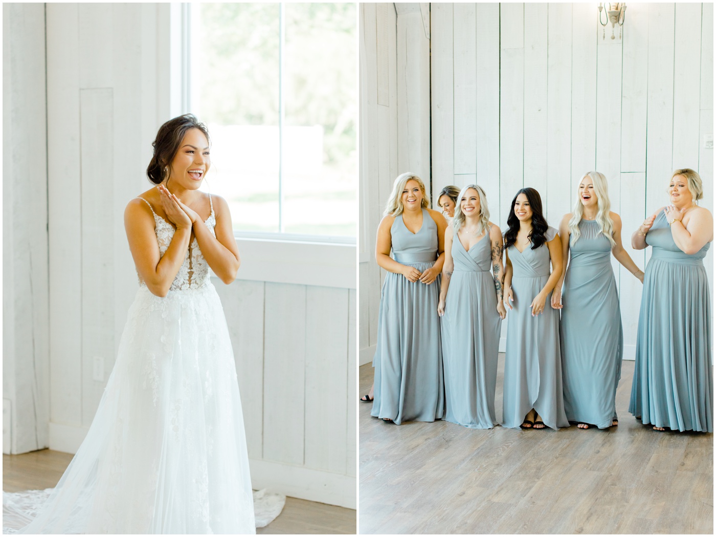 wedding photographer in Houston captures the grand reveal between the bride and her bridesmaids 