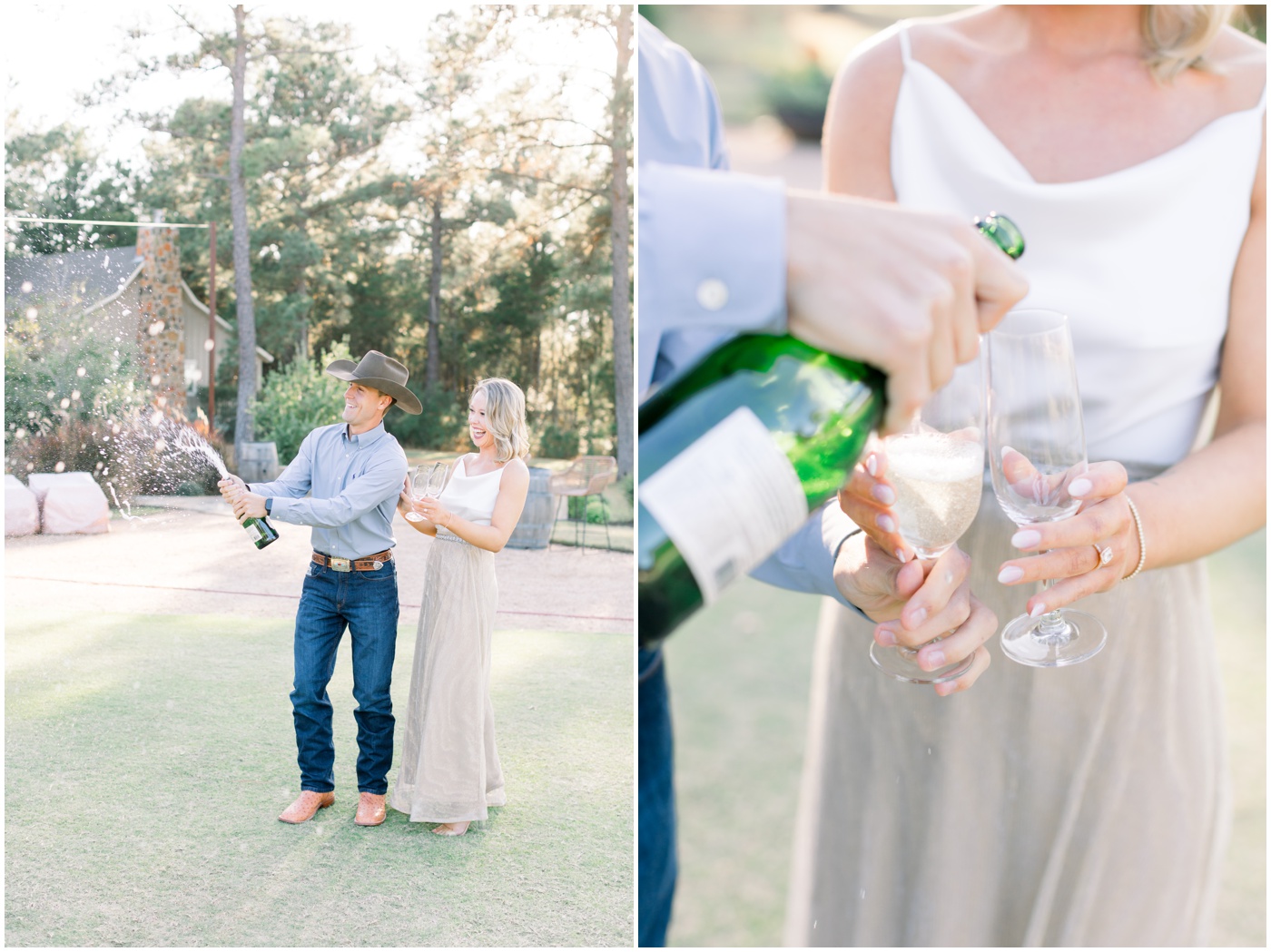 a couple pop champagne at their houston engagement session