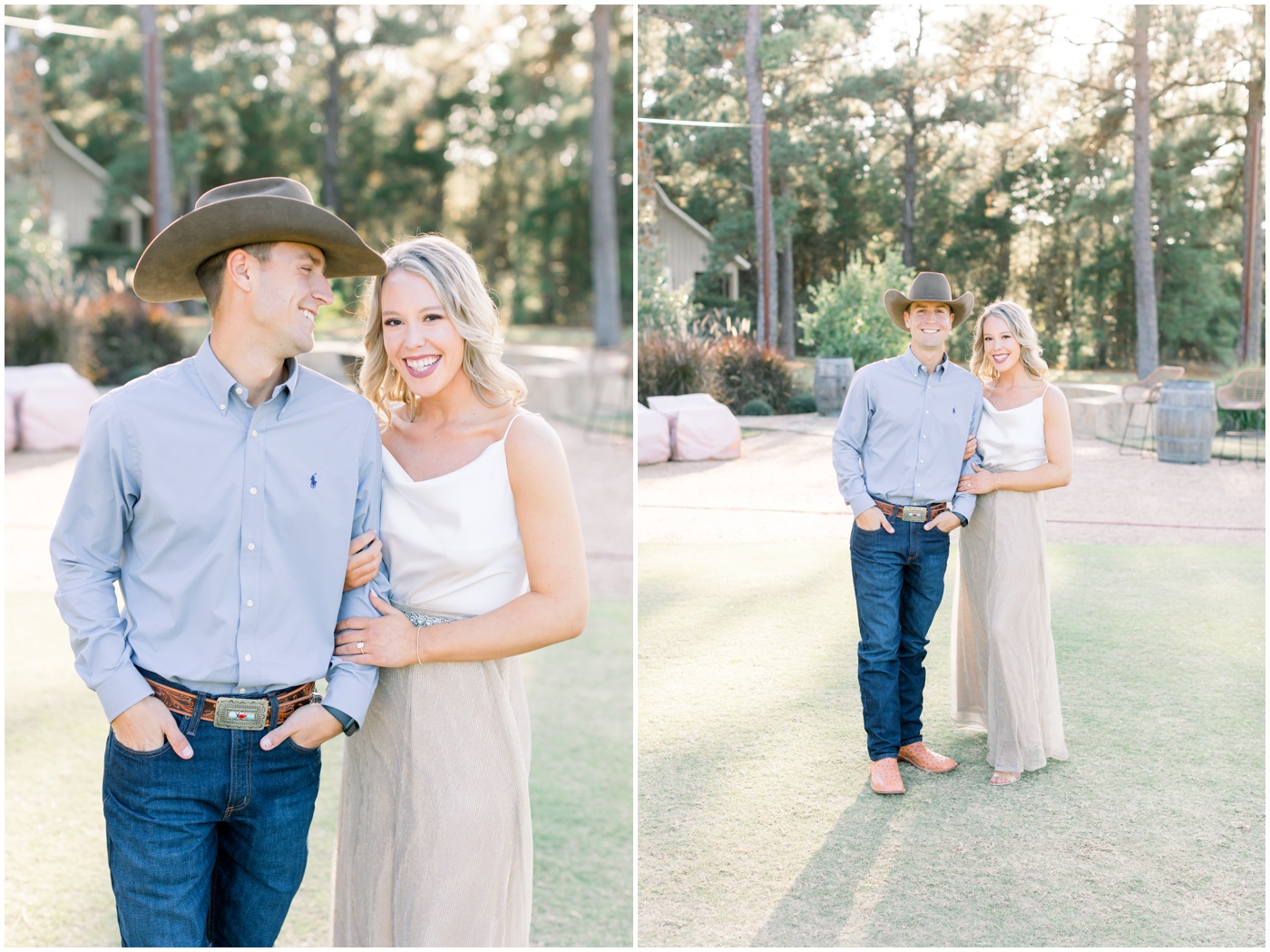 a couple smile together at their houston engagement session
