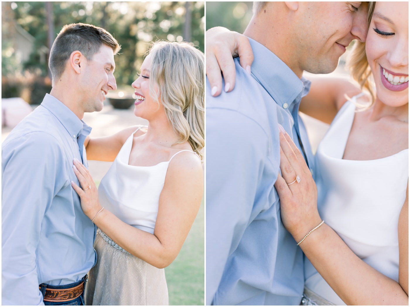 a close up of a couple laughing together at their texas engagement session