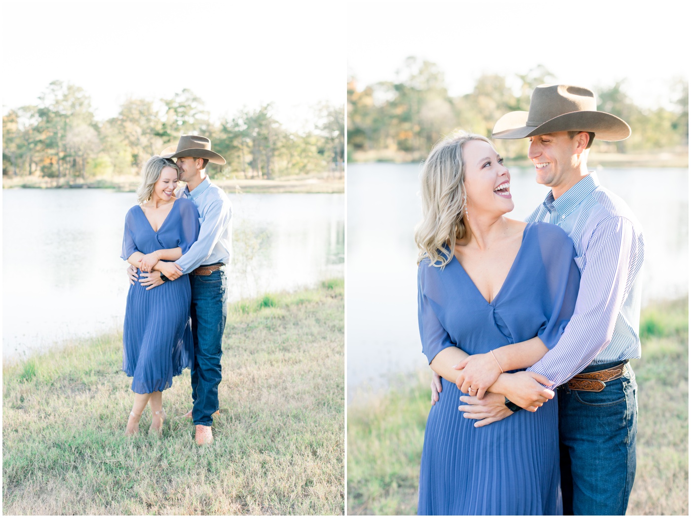 a couple laughs together during their houston engagement session by the pond
