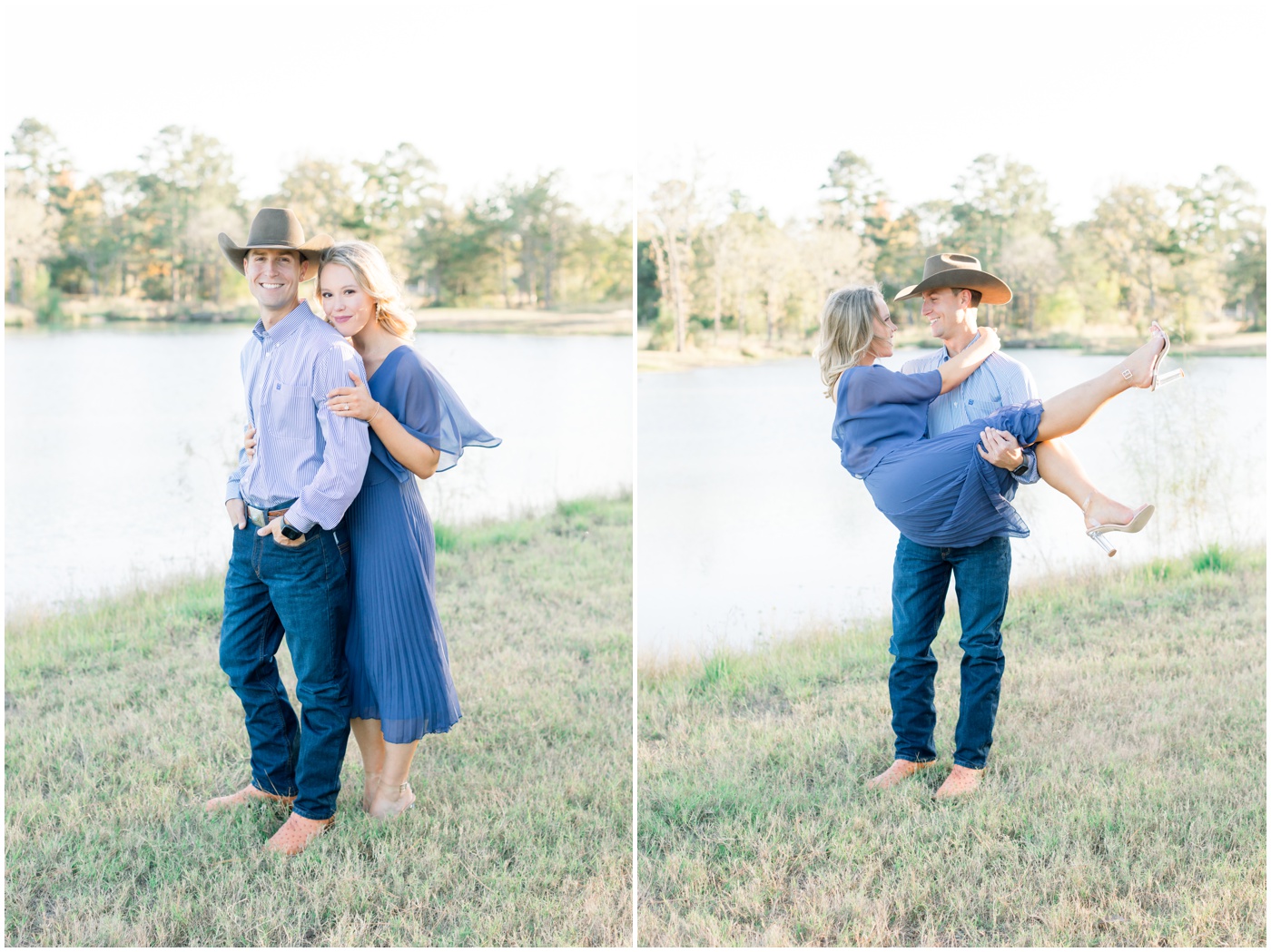 a man holds his fiance by the pond at sunset during their engagement session in Texas 
