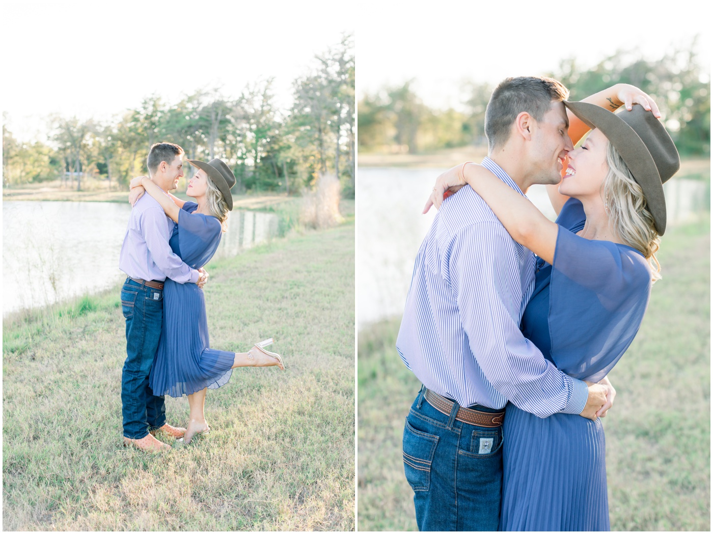 a girl wears her fiance's cowboy hat as they kiss by the pond during their engagement session in Houston 