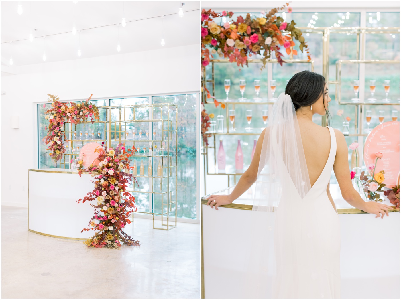 a bride standing by a floral bar installation