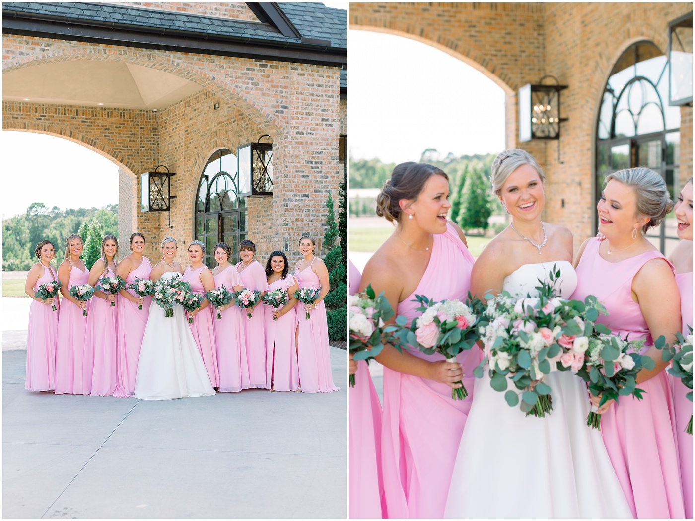bride smiling with her bridesmaids