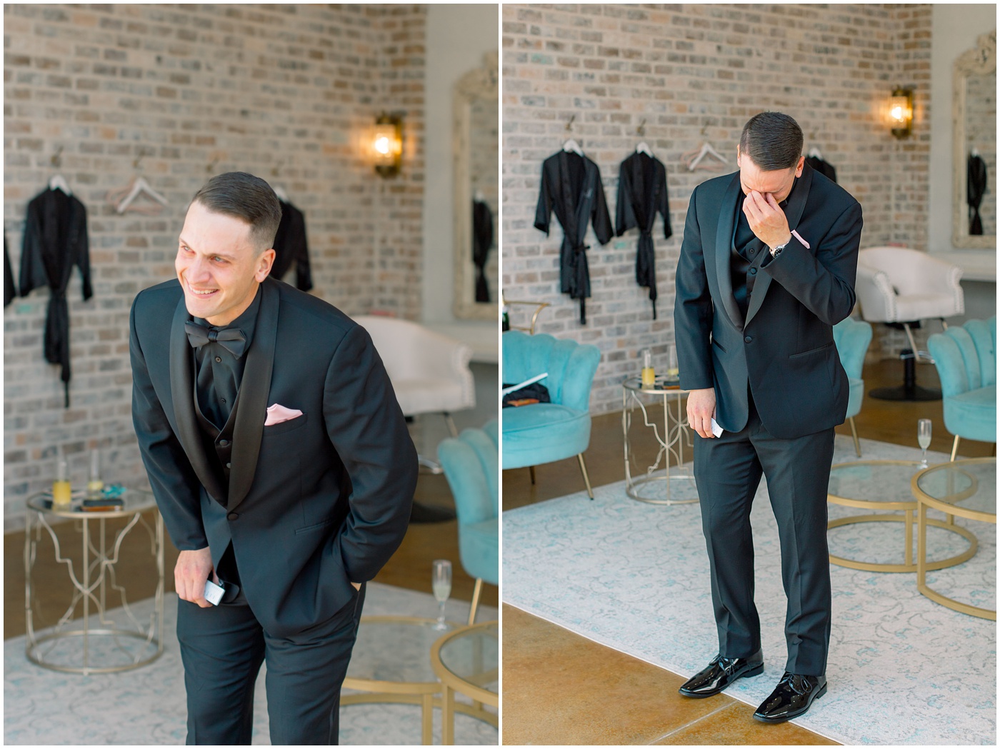 groom crying during the first look