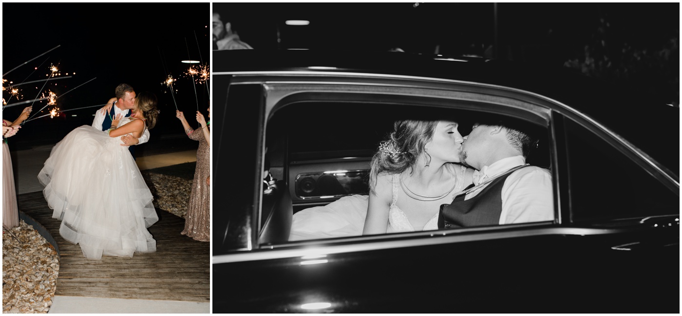 bride and groom kiss in the limo