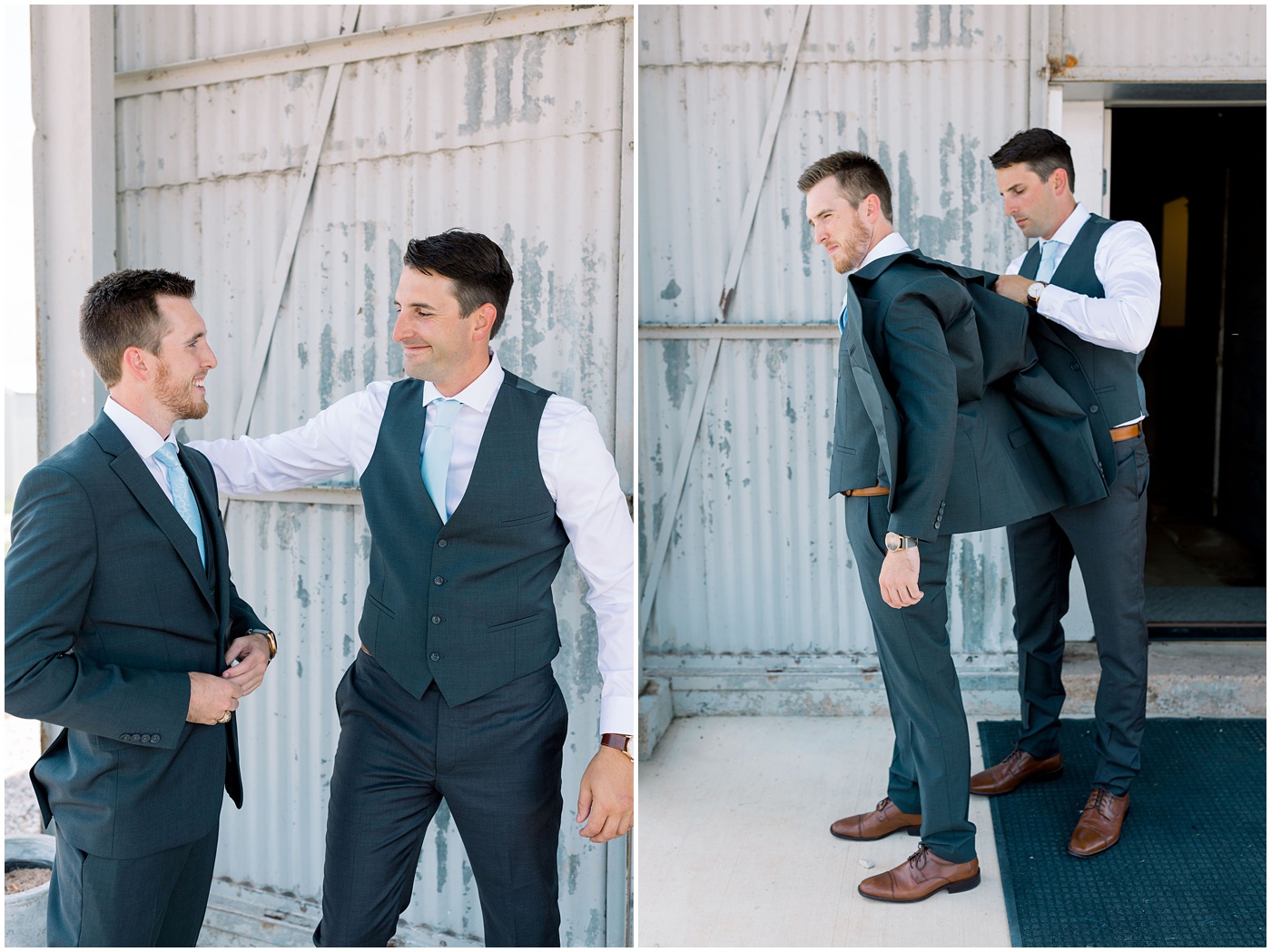 groom's brother helps groom into jacket