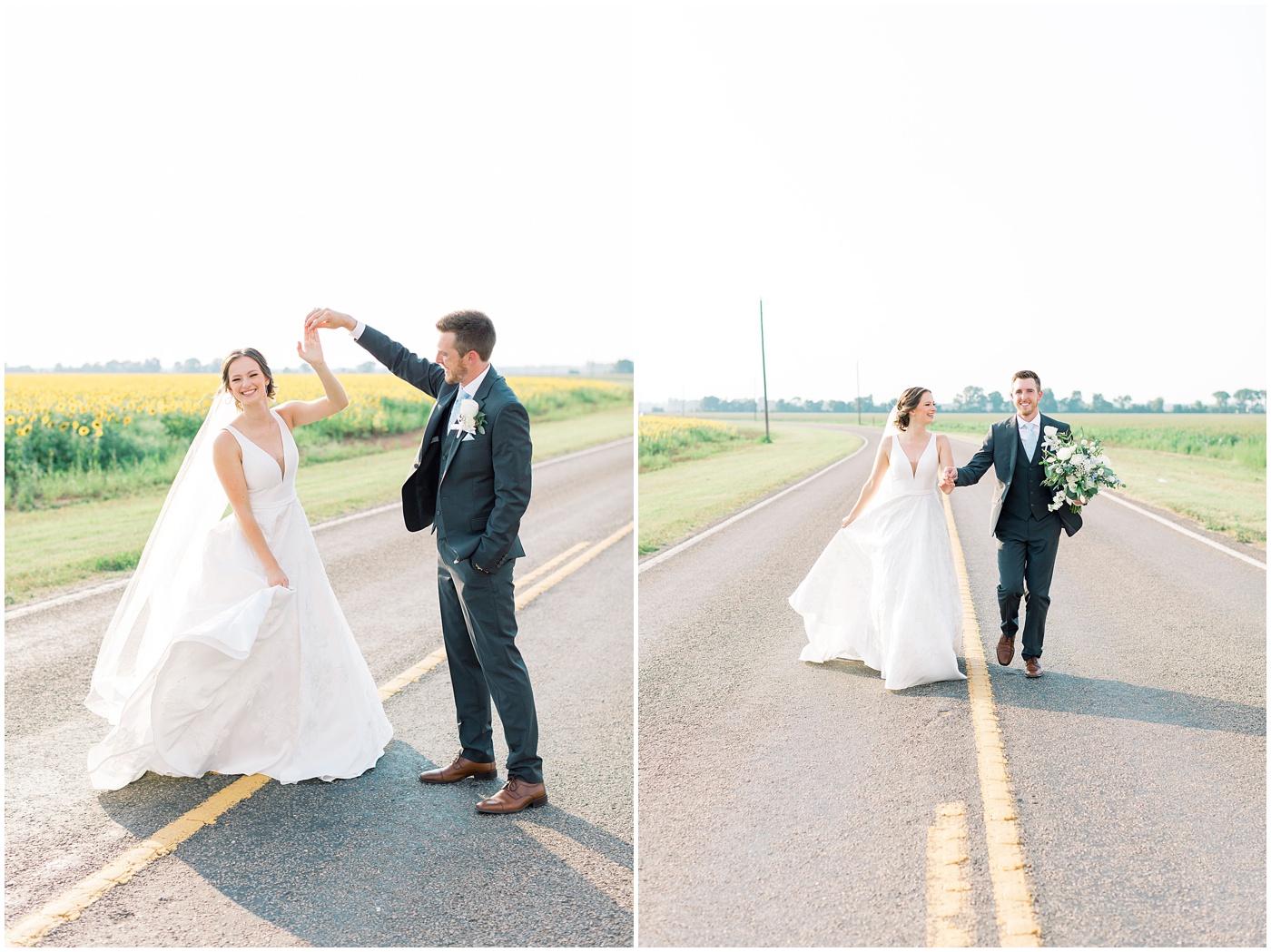 bride and groom run down the road