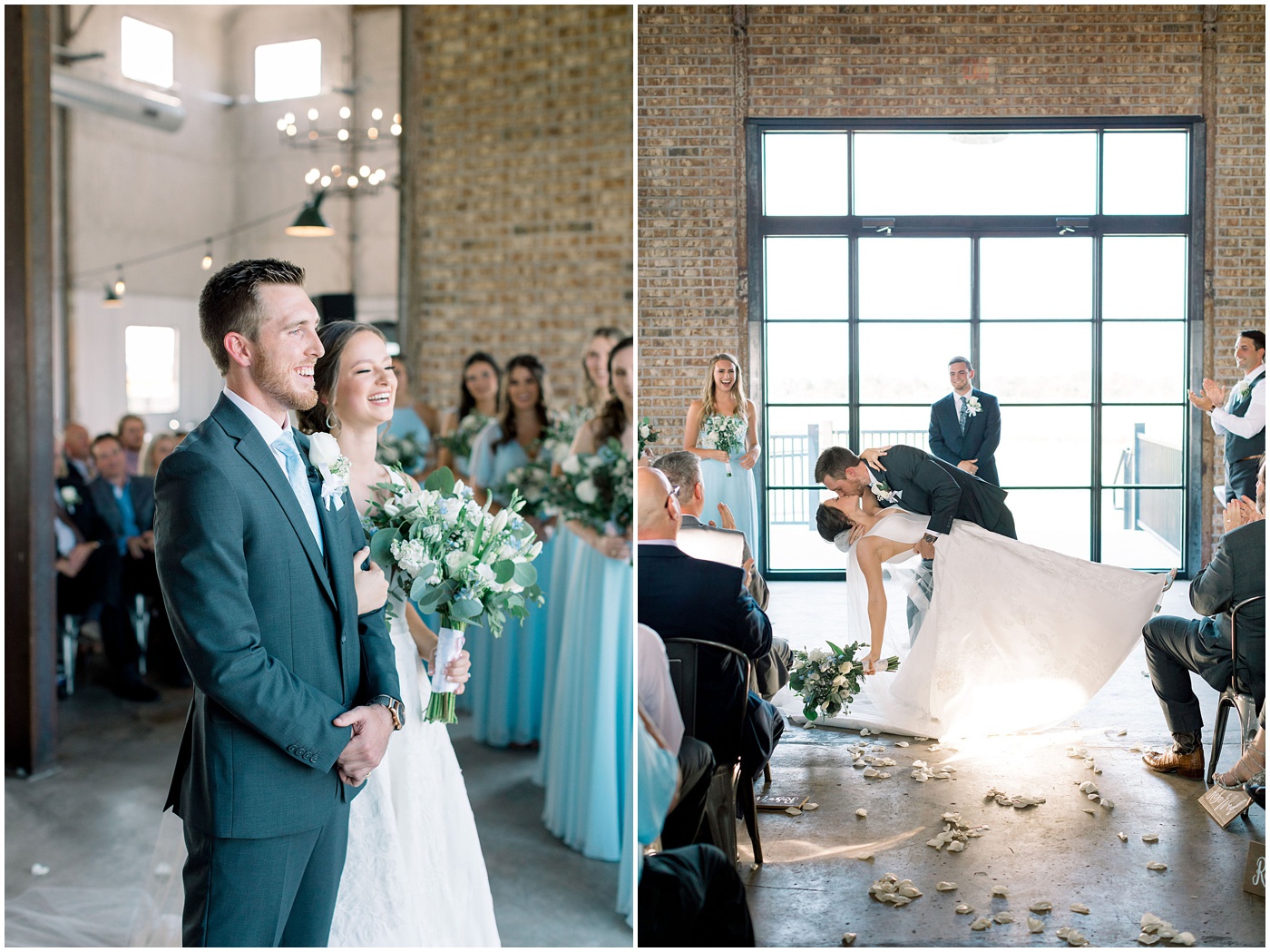 Texas wedding photographer captures bride and groom dip and kiss during the ceremony