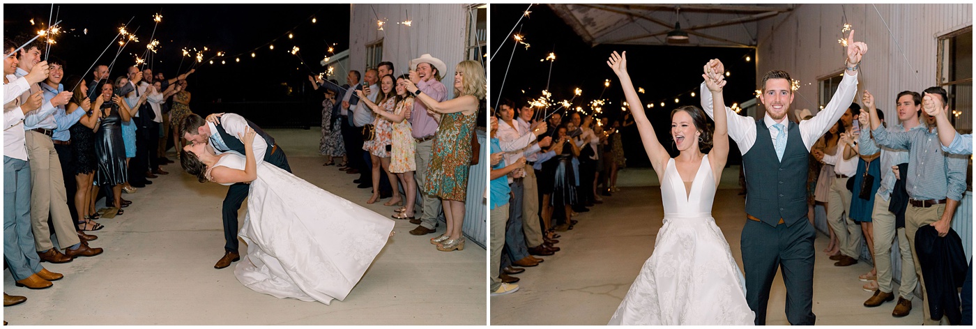 bride and groom exit their wedding with sparklers