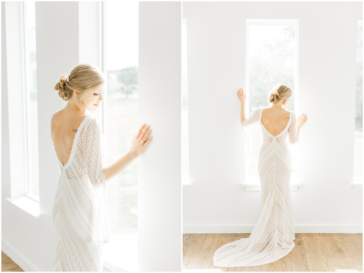 Houston bridal session | a bride standing at a window and looking down her shoulder