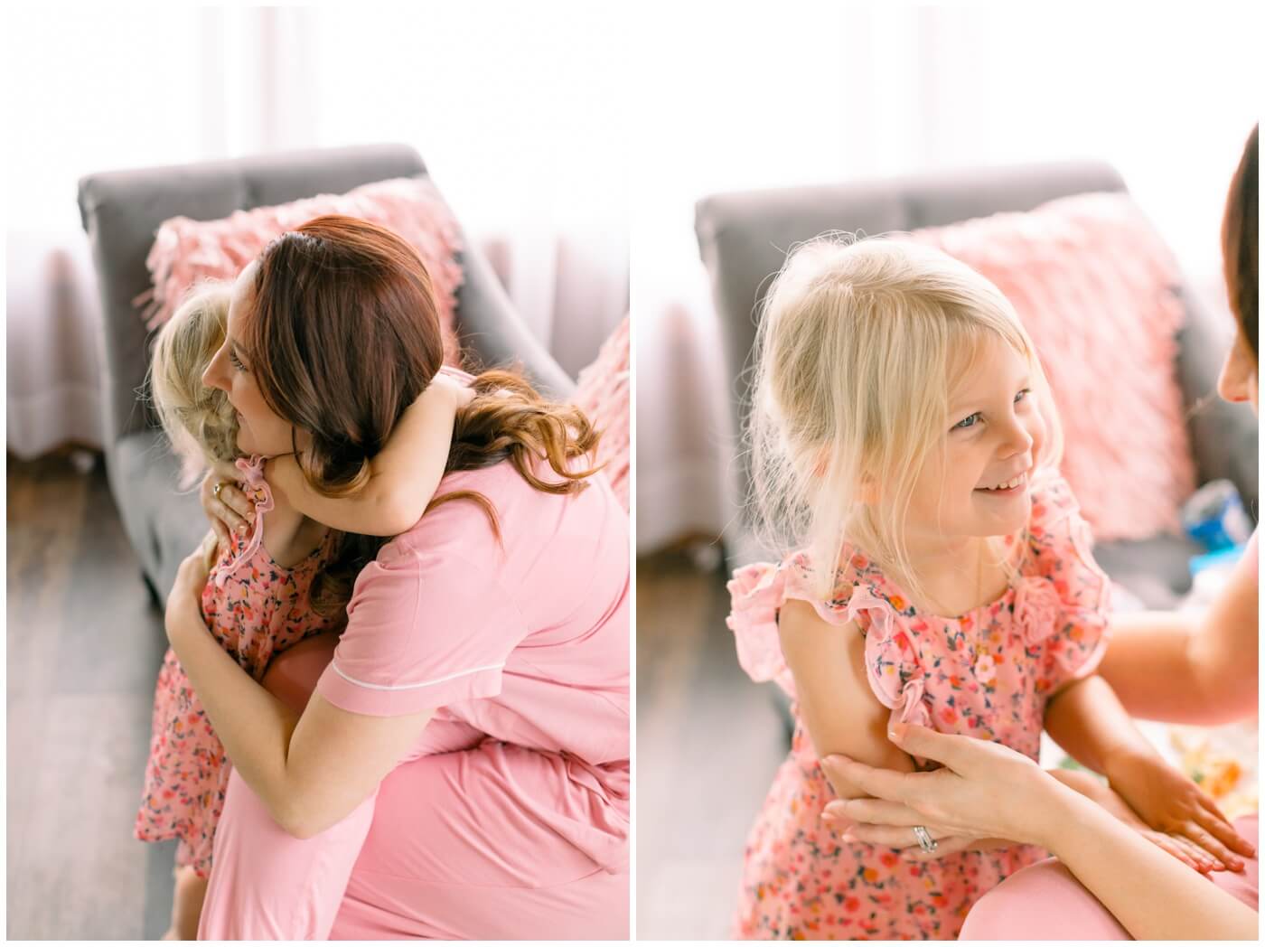 the flowergirl hugging her mom