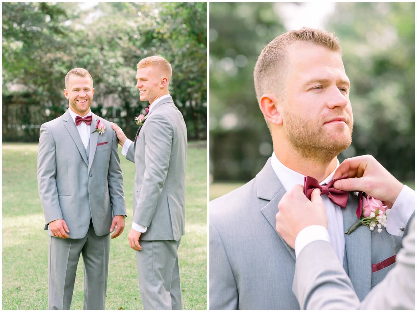 a groom's brother helps his brother get ready on his wedding day 