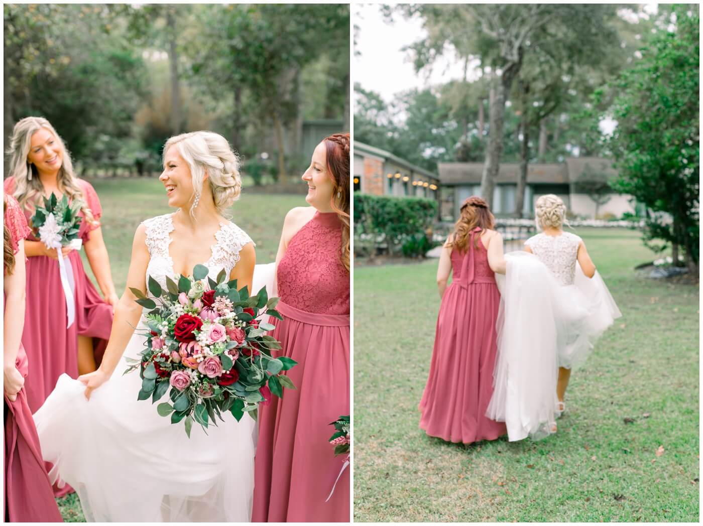 a bride laughs with her bridesmaids