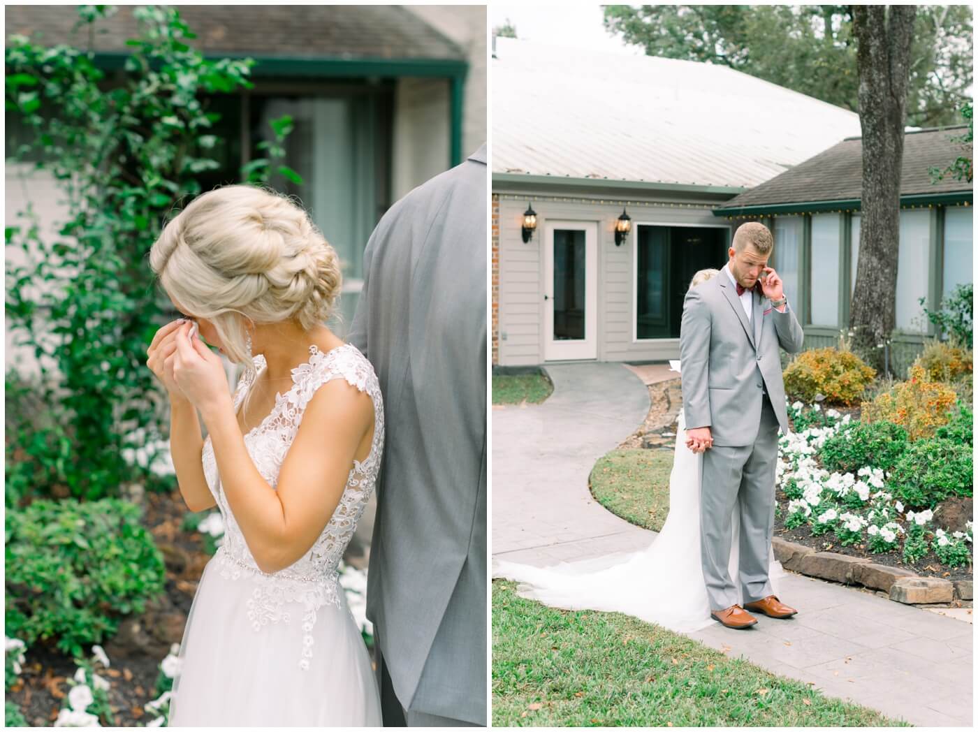 a bride and groom wipe tears during their first touch at their wedding in houston