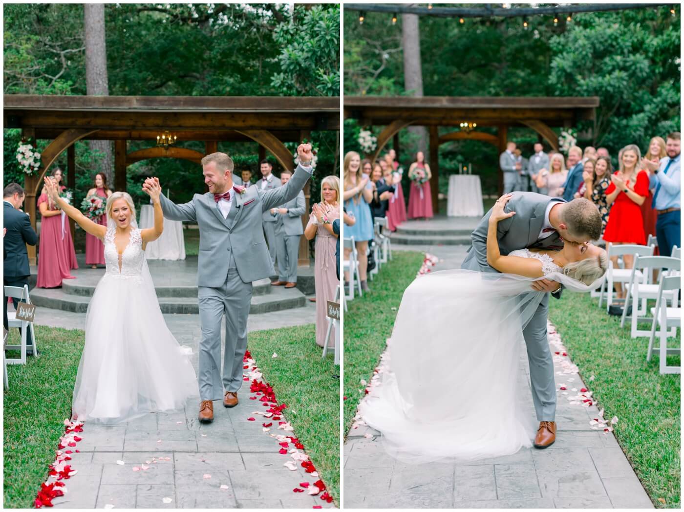 the groom dips his bride and kisses her in the aisle 