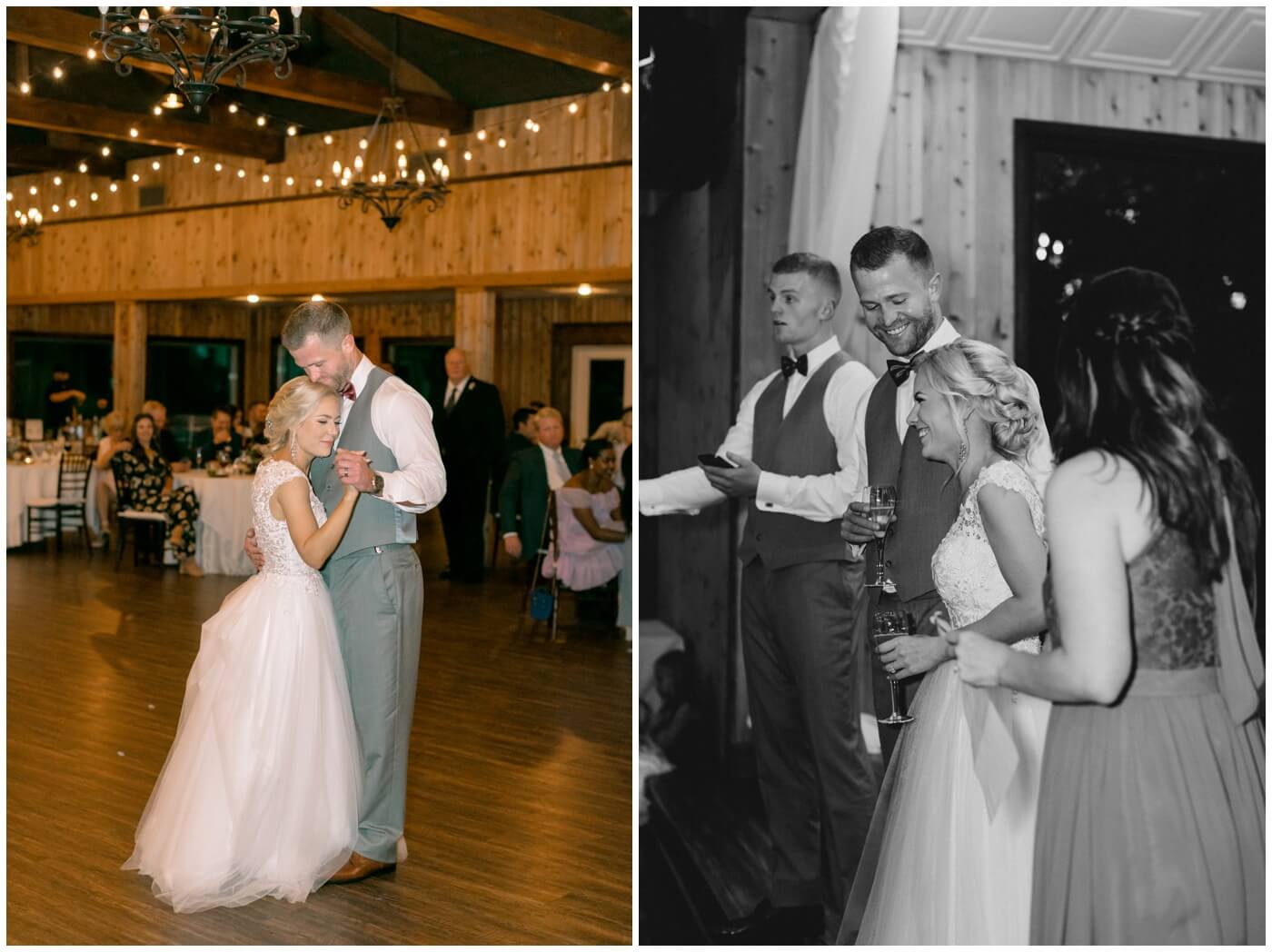 the bride and groom smile as they share a first dance 