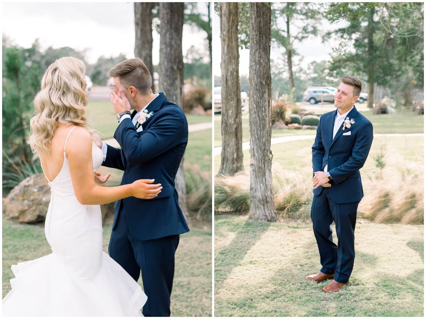 Houston Wedding at The Vine | the groom is crying as he sees his bride during their first look