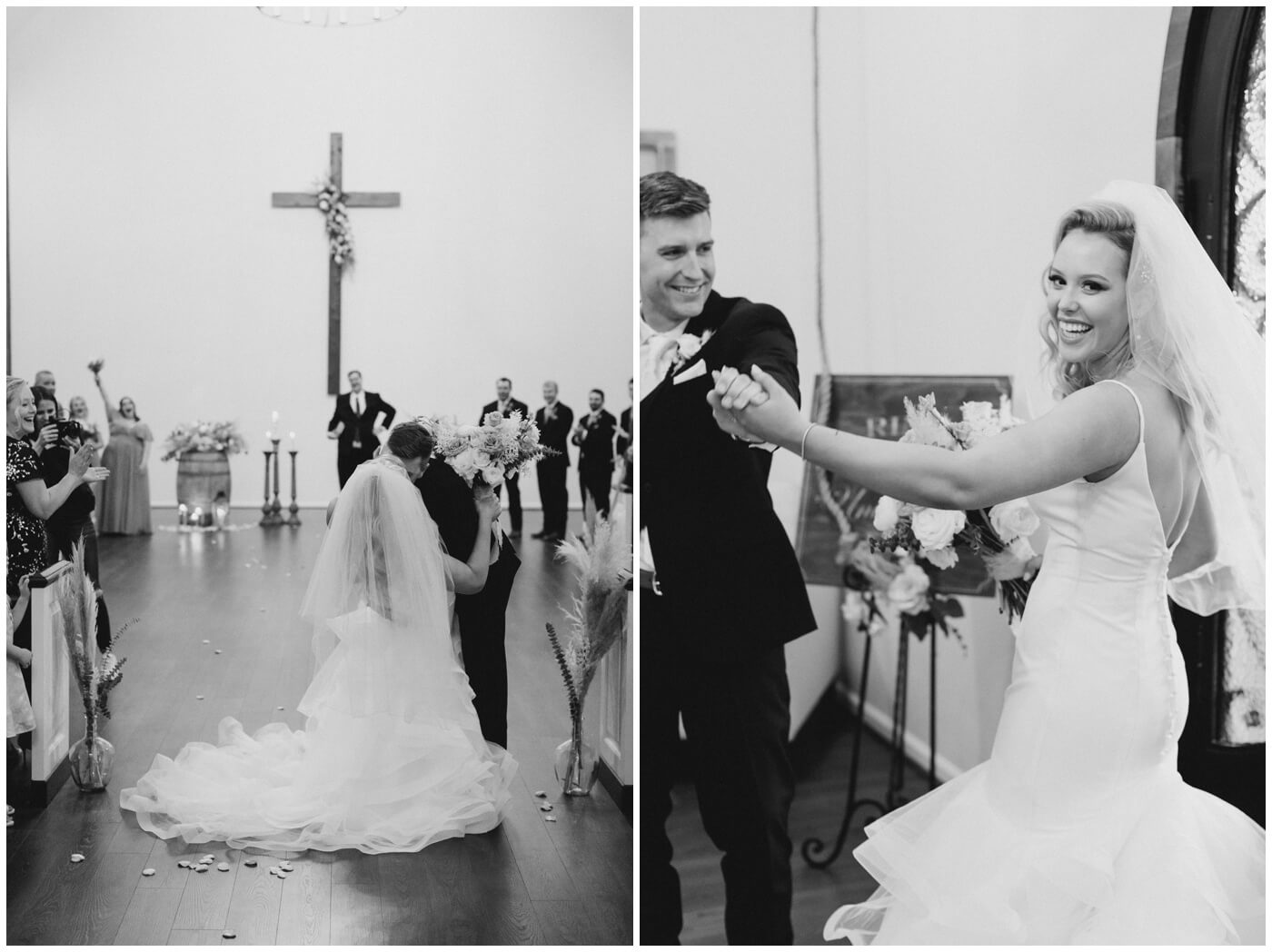 Houston Wedding at The Vine | the bride and groom kiss as they walk down the aisle