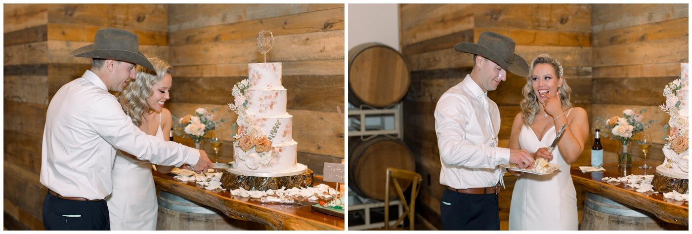 Houston Wedding at The Vine | the bride and groom smile while they cut the cake 