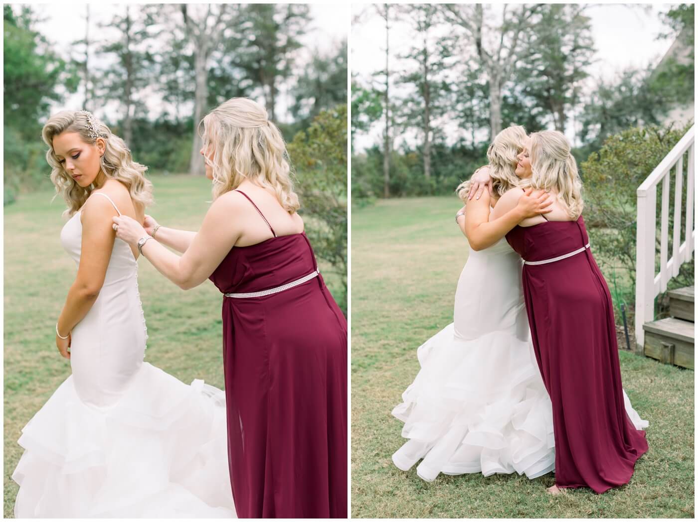 Houston Wedding at The Vine | a bride's mom is helping the bride into her wedding dress