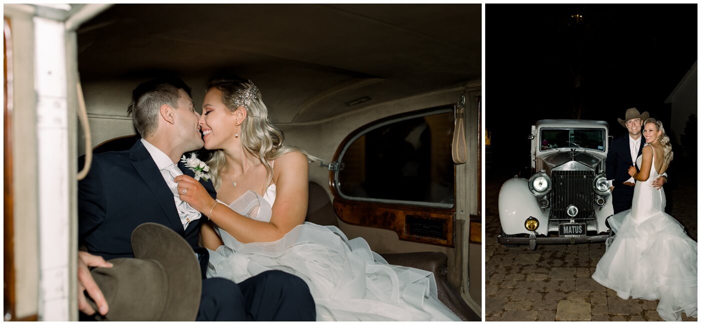 Houston Wedding at The Vine | the bride and groom kiss inside a vintage car 