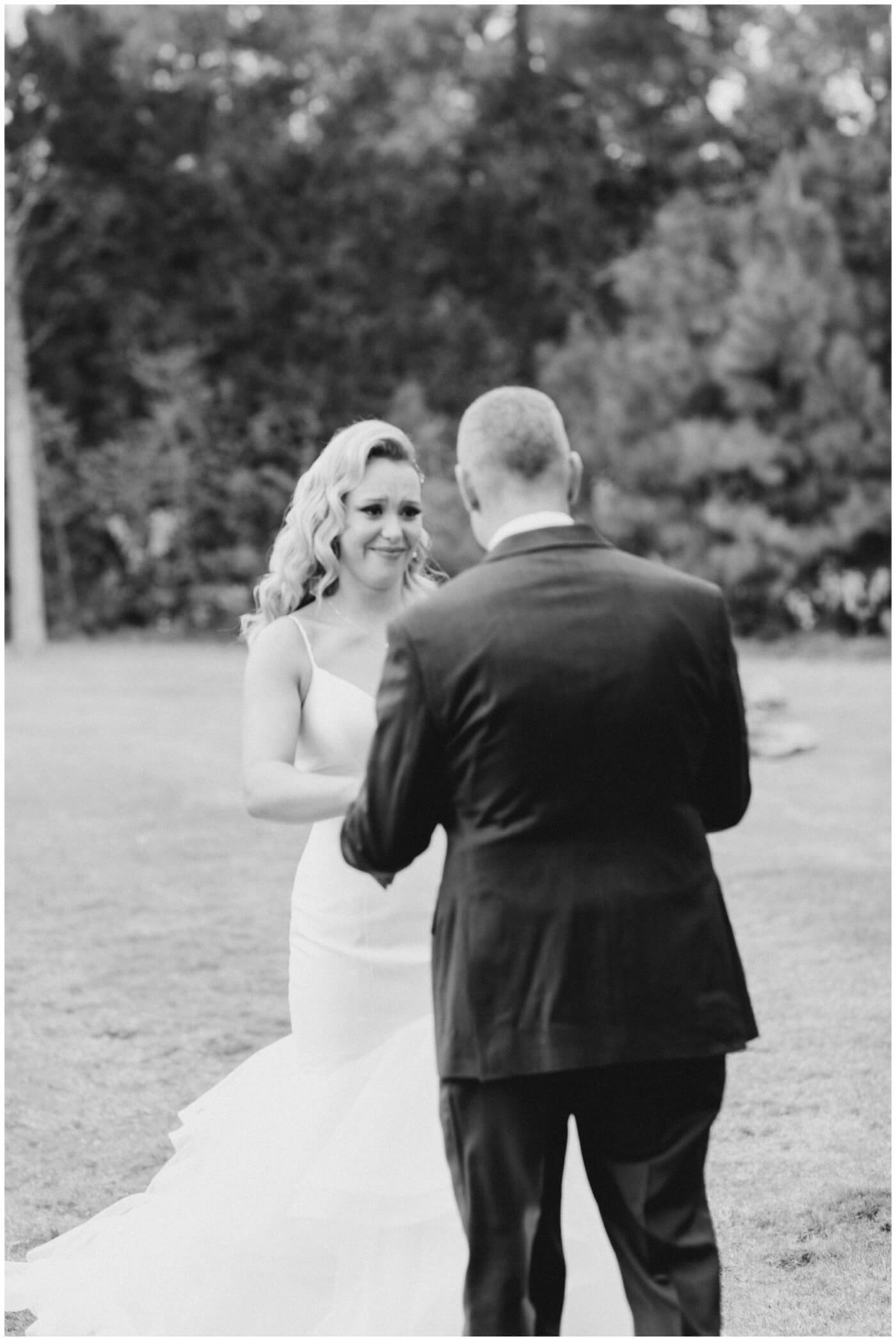 Houston Wedding at The Vine | a bride crying during the first look with her father