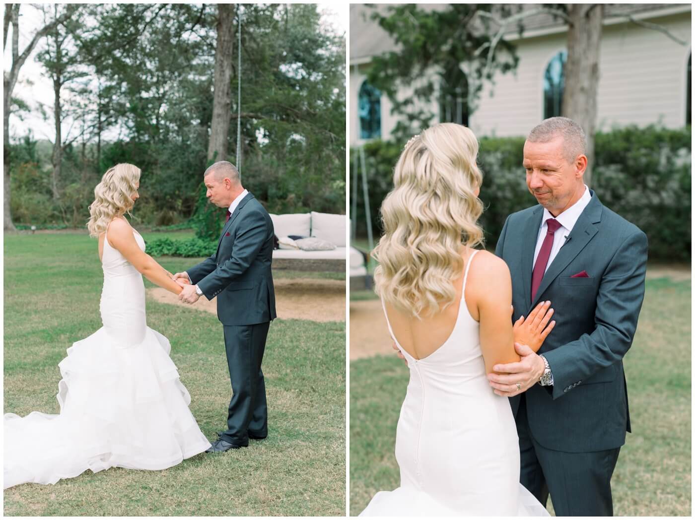 Houston Wedding at The Vine | a father crying during the first look with his daughter