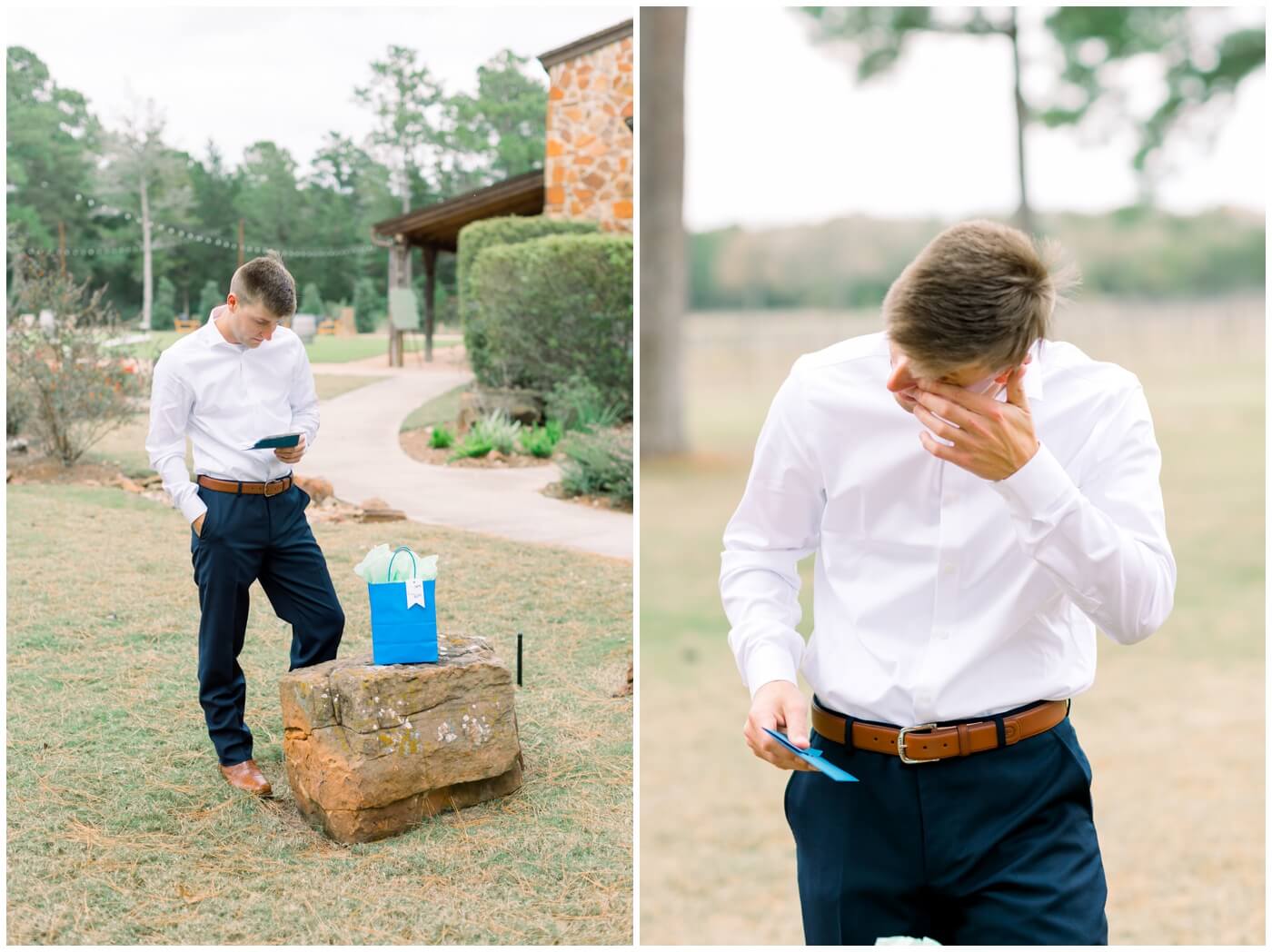Houston Wedding at The Vine | the groom is crying as he reads a letter from the bride