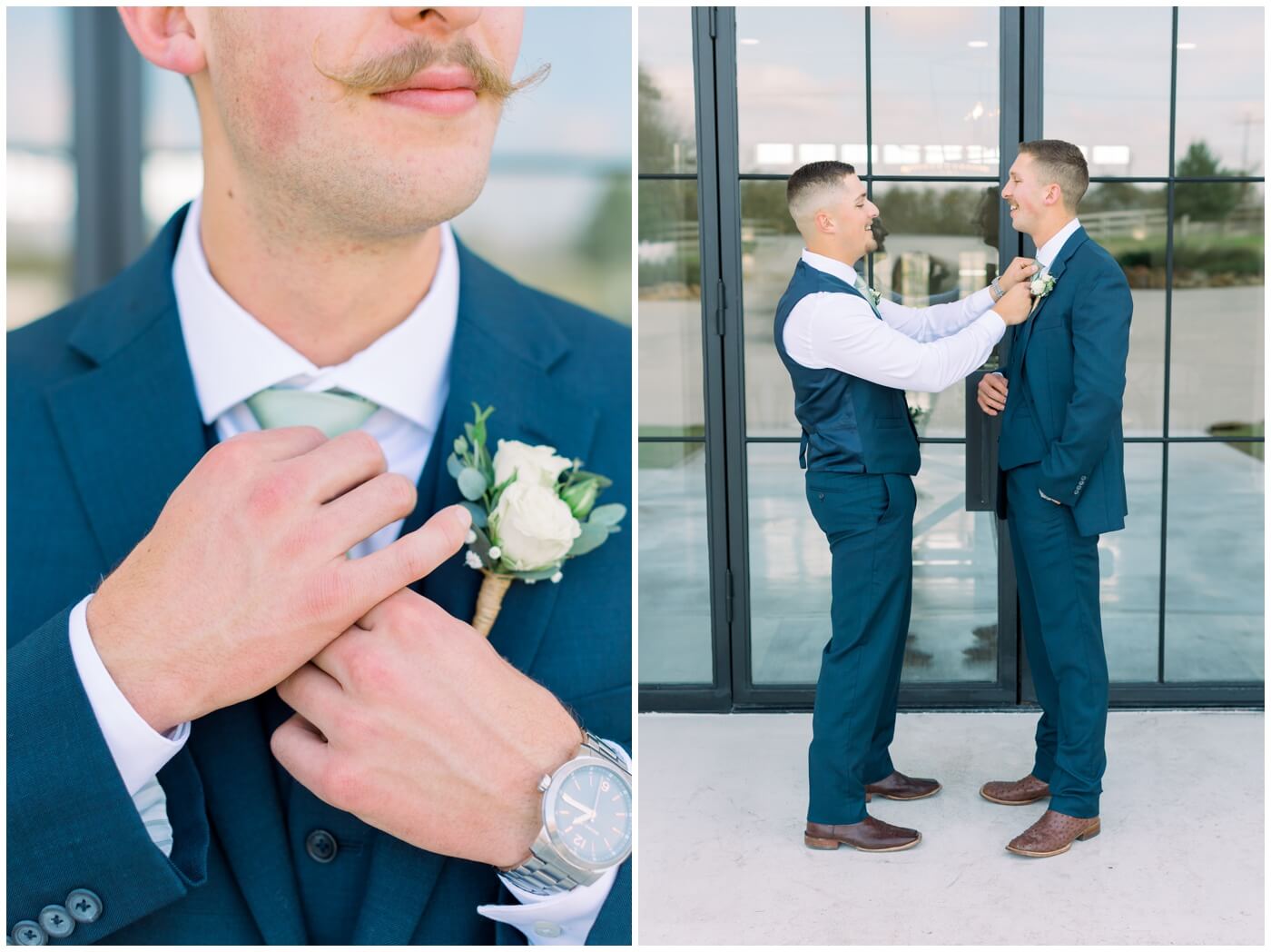 the grooms brother straightens the groom's tie