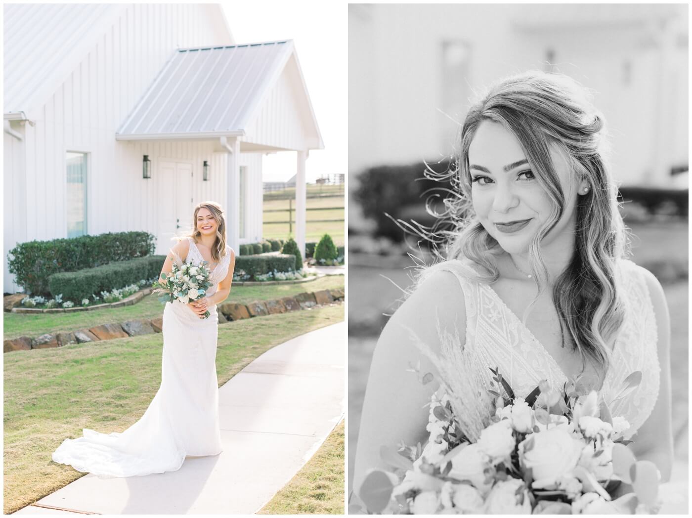 Texas farmhouse wedding | the bride smiles with her bouquet in front of the white farmhouse chapel