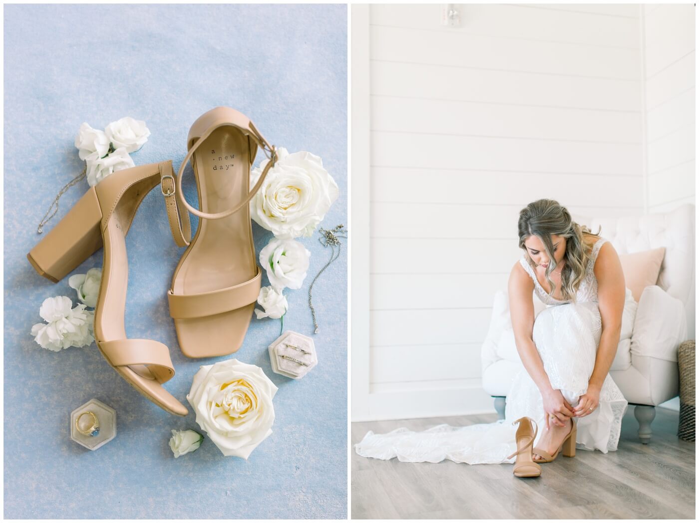 Bride putting on her shoes on her wedding day 