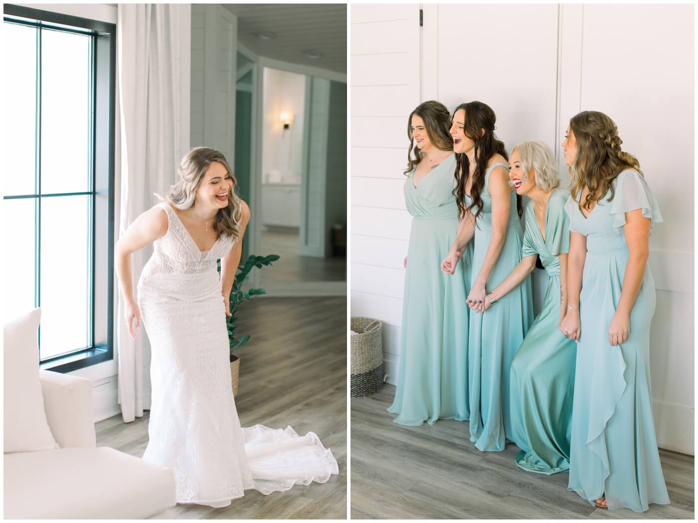 bridesmaids celebrate as they see the bride for the first time