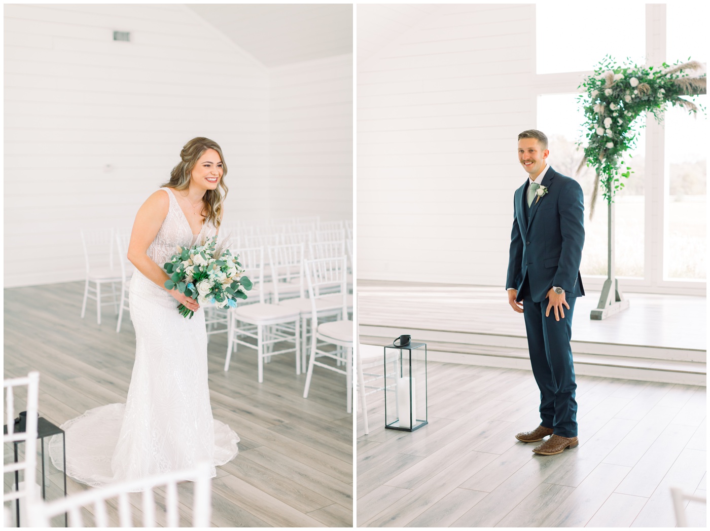 the bride and groom smile as they see each other for the first time during their first look