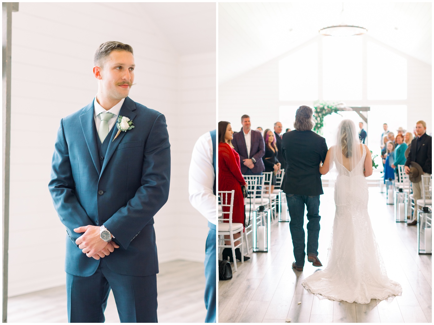 the groom looks in awe as his bride walks down the aisle